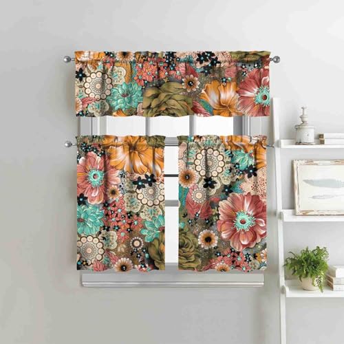 Image of Boho Kitchen Curtains 3 Piece Set Tier Valance Window Decor | 3 Piece Kitchen Curtain Set Includes 54x18in Valance and Two 27.5x36in Tier Curtains for Kitchen, Bedroom and Living Room