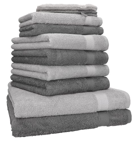 Betz Premium Handtuch-Set 10-teilig – 100% Baumwolle – Oeko-TEX® Zertifiziert – saugfähig&weich – 470g/m² – Duschtücher, Handtücher, Gästetücher & Waschhandschuhe – Farbe Anthrazit & Silber Grau