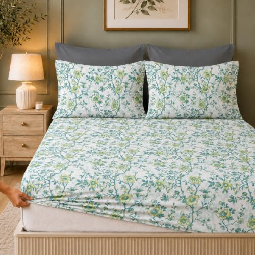 Image of LANE LINEN Symphony | 100% Cotton Sheet Set | Soft & Breathable Fabric | 3 Piece (1 Bedsheet + 2 Pillow Covers) | King Bed Sheet Set - Mint and Aqua Flower