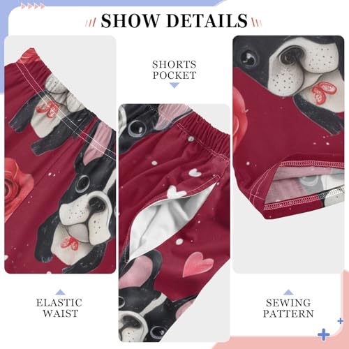 French Bulldog Rose Floral Boys Long Pants Soft Trousers Elastic Waist Kids Lounge Bottoms with Pockets S-XL4