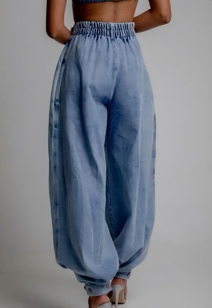 Women's High Waisted Elastic Waist Zipper Jeans Retro Wide Leg Harem Pants Balloon Fit Relaxed Tapered Pants