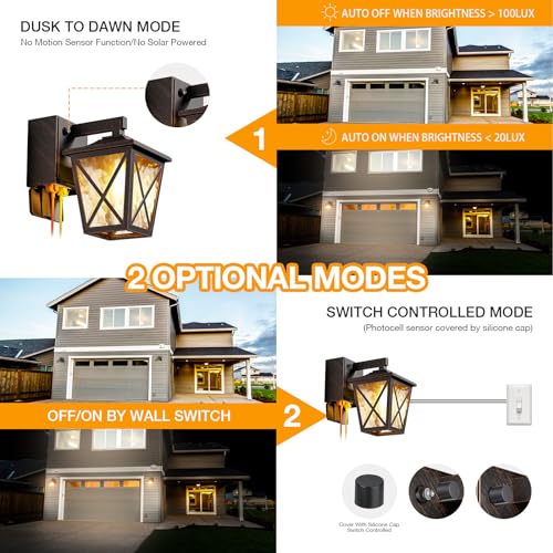 Image of Ehaho Porch Light with GFCI Outlet Aircraft Grade Aluminum Alloy Bronze 1PC | Dusk to Dawn Outdoor Lights Waterproof IP 68 Upgraded 3 Lighting Modes Exterior Light with Plug for Front Door Patio Garage