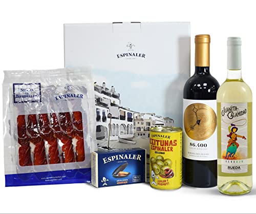 Espinaler cesta gourmet Ibéricos con vino - Lote gourmet para regalar con Jamón Ibérico, vino blanco y tinto (Ribera del Duero y Rueda), aceitunas y mejillones - Surtido regalo premium Cover