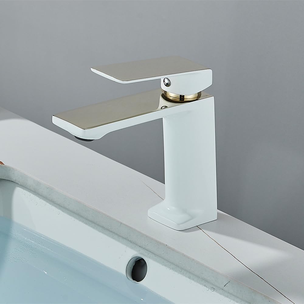Robinet de lavabo pour vasque moderne mitigeur eau chaude froide blanc et doré