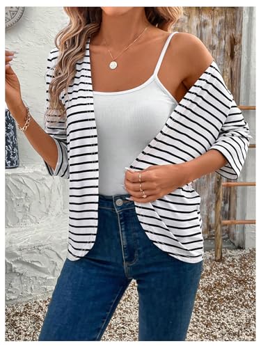 Verdusa Women's Striped Open Front Jacket Business Casual 3/4 Sleeve Outerwear3