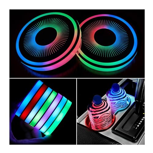 VOAKZEF 2 Pcs LED Car Cup Holder Lights, USB Charging, 7 Colors, Luminescent Car Coasters