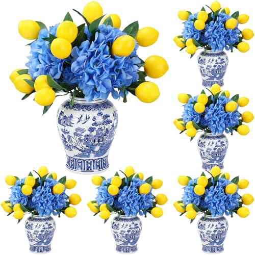 Giegxin 6pcs Capri Theme Table Centerpiece Coast Party Decorations 28.3" Artificial Blue Hydrangea and Lemon Branches Set for Mediterranean Wedding Capri Italian Themed Party Decor
