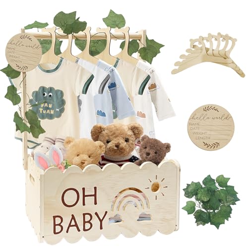 zyuqnek Baby Shower Crate Closet, Wooden Baby Shower Basket With Hangers, Baby Shower Clothes Rack, Welcome Baby Gift For For Newborn Boy Girl, Ideal Pregnancy Gift For New Parents