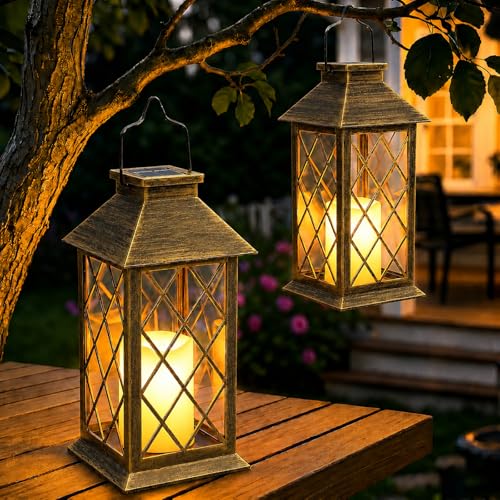 Yowin Lanterne Solaire Exterieur 2 Pièces 22cm Grande Lampe Solaire Jardin avec Bougie, Verre Trempé, Lampe de Table Étanche Suspension Lampe, Solaire...
