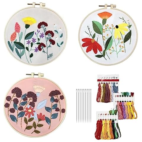 Youteer 3 Sets Embroidery kit for Beginners, Cross Stitch Practice Kits with Pattern and Instructions Hand Stitch for Craft Lover, Flower Cover