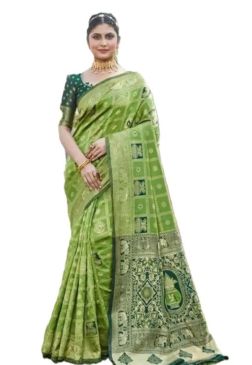 Kanjivaram Silk Saree, Green with Gold Zari Border, Art Silk, Traditional Style, with Unstitched Blouse Piece-picture-13