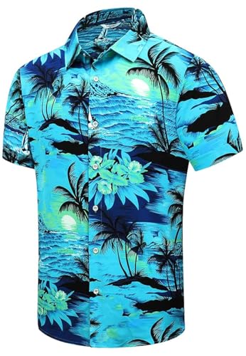 Chemise hawaïenne boutonnée motif Palmshadow avec coupe unisexe légère à manches courtes