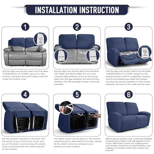 Image of TAOCOCO Recliner Loveseat Slipcover, 6 Pieces Dual Recliner Sofa Covers for 2 Seat Dual Reclining Loveseat Couch, Stretch Soft Jacquard Pattern Furniture Protector with Elasticity Navy Blue