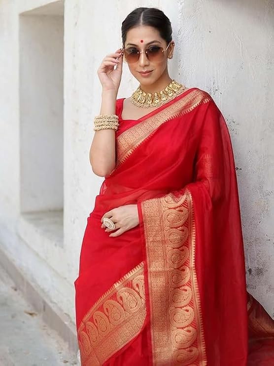 TRAFAART Sari Indien En Organza Pour Femme - Sari Traditionnel Avec Bordure Et Chemisier Non Cousu - Rose