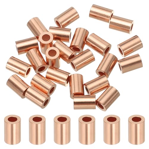 sourcing map 1/16(1.5mm) Wire Rope Stop Sleeve, Copper Crimping Loops Sleeve Round Crimp Ferrules for Wire Rope and Cable Ferrule, Gold 25Pcs