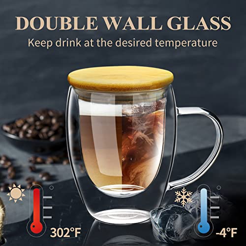 Paracity Glass Coffee Mugs Set Of 2 With Bamboo Lid/Spoon, Double Wall Insulated Clear Tea Cups 12 Oz With Hand For Cappuccino/Latte/Coffee, Borosilicate Glassware For Kitchen/Travel #TOP2