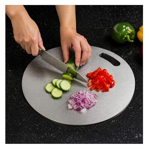 Image of OrganizeMee Stainless Steel Chopping Board (Round, 31cm) - Heavy Duty Metal Cutting Board for Kitchen - Hygienic, Dishwasher Safe & Durable (1.5mm Thick)