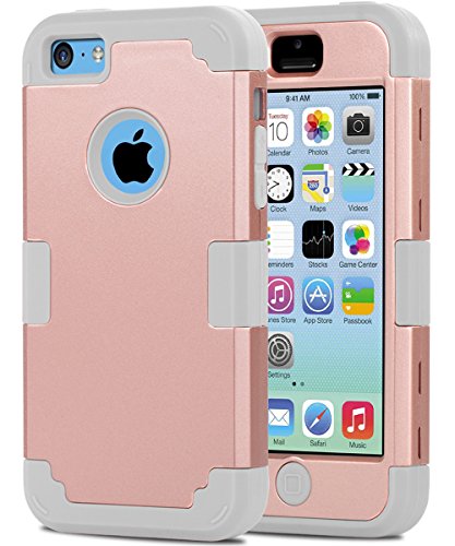 BENTOBEN Compatible with iPhone 5C Case, 5C Case 3 in 1 Hybrid Hard PC and Soft Silicone Shockproof Anti-Scratch Dustproof Heavy Duty Rugged Bumper Full Body Protective Case, Rose Gold & Light Gray