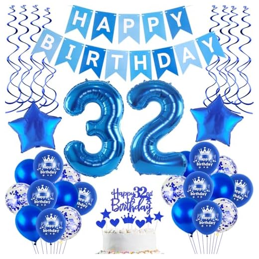 Set de decoración de 32 cumpleaños de hombre azul, 32 cumpleaños para hombre, 32 cumpleaños
