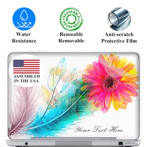 Image of Custom Design Personalized Laptop Skin Sticker Cover Art Decal, Customize with Your Name or Text (17 Inch, Watercolor Flower Feather)
