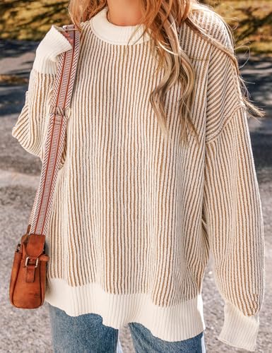 Ecosunny Womens Sweaters Striped Color Block Casual Long Sleeve Crewneck Loose Knit Pullover Sweater Shirts Fall Fashion3