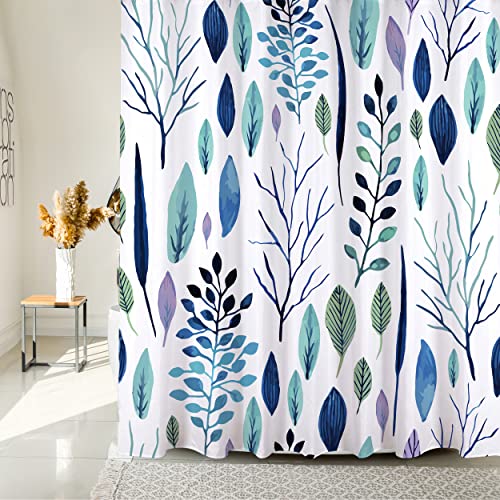 BOLIYVAN Floral Leaves Shower Curtain, Plant Bath Curtain Tropical Blue, Spring and Summer Curtain Watercolor, Water-Repellent Polyester Fabric, 180cm-180cm Cover