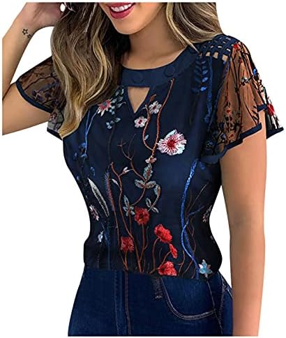 Summer Women Sexy Tshirt Tops Casual Hollow Slim Crewneck Crop Tops Fashion Embroidery Short Sleeve Lace Blouses