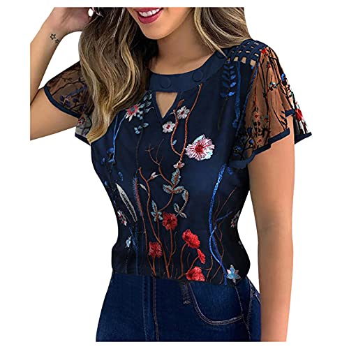 Summer Women Sexy Tshirt Tops Casual Hollow Slim Crewneck Crop Tops Fashion Embroidery Short Sleeve Lace Blouses