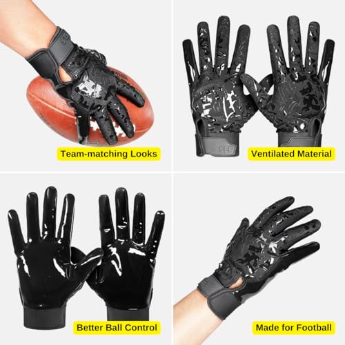 SLEEFS Youth Football Gloves for Boys and Girls, Black Sticky Receiver Flag Football Gloves for Youth, Adult Men or Women, Stretch Fit, No Slip, Perfect Grip, Machine Washable, Medium - Thumbnail 5