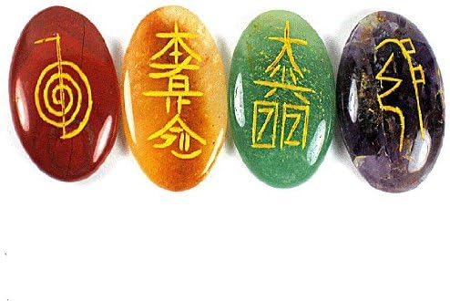 Reiki Healing Crystal Kit, 4 Usui Reiki Symbols Etched on Gemstones w/ Black Velvet Chakra Case, Set Includes Red Jasper, Golden Quartz, Green Aventurine, & Amethyst
