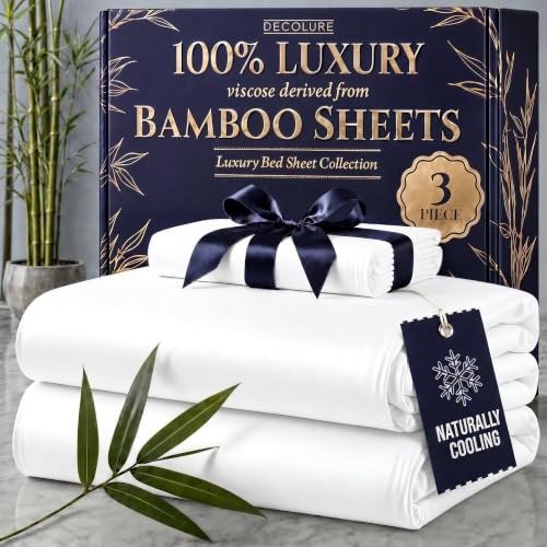 Image of DECOLURE 100% Viscose Derived from Bamboo Sheets Twin Size - Luxury 3 Pc Naturally Cooling Sheets, Ultra Soft Bed Set - Deep 17 inch Pockets, Durable Double Stitching, Oeko Tex Standard (White)