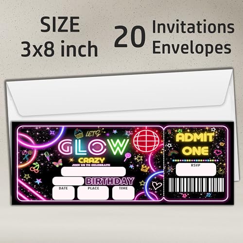 Wybgno Let's Glow Crazy Birthday Party Invitation Cards for Kids Adults Teens, 20 Retro Neon Theme Ticket Invites with Envelopes, Party Favor & Supplies (3×8inch)-A06