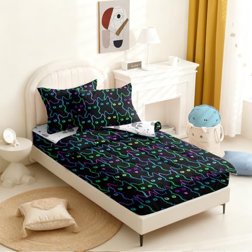 Image of Kids Comforter Set,Zipper Bedding Twin for Teen,Black Cats Printed Comforter Set with Paw Fitted Sheets and Pillowcases for All Season(Cats-C)