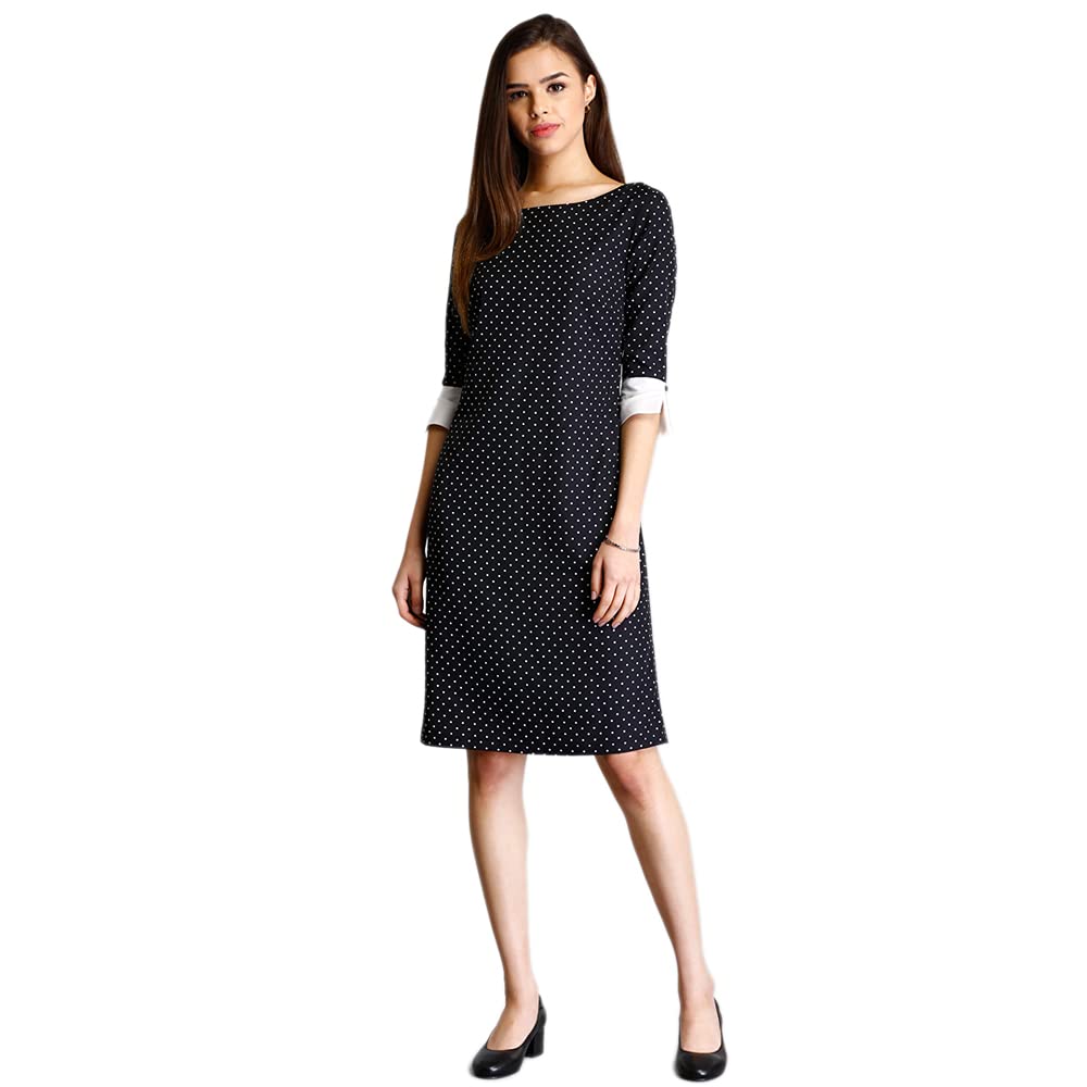 fablestreet Women's Polyester Colour Block Polka Dot Shift Midi Dress - Black and White (DR340BLAC)-picture-11