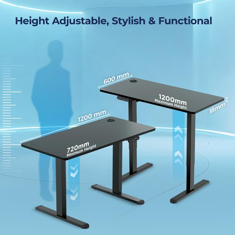 Image of The Sleep Company - AeroPlus Electric Height Adjustable Desk | Ergonomic Work from Home Table | 4 Memory Presets | 2 Years Warranty | 1200 x 600 Thick Top | Free Installation | Black & Black