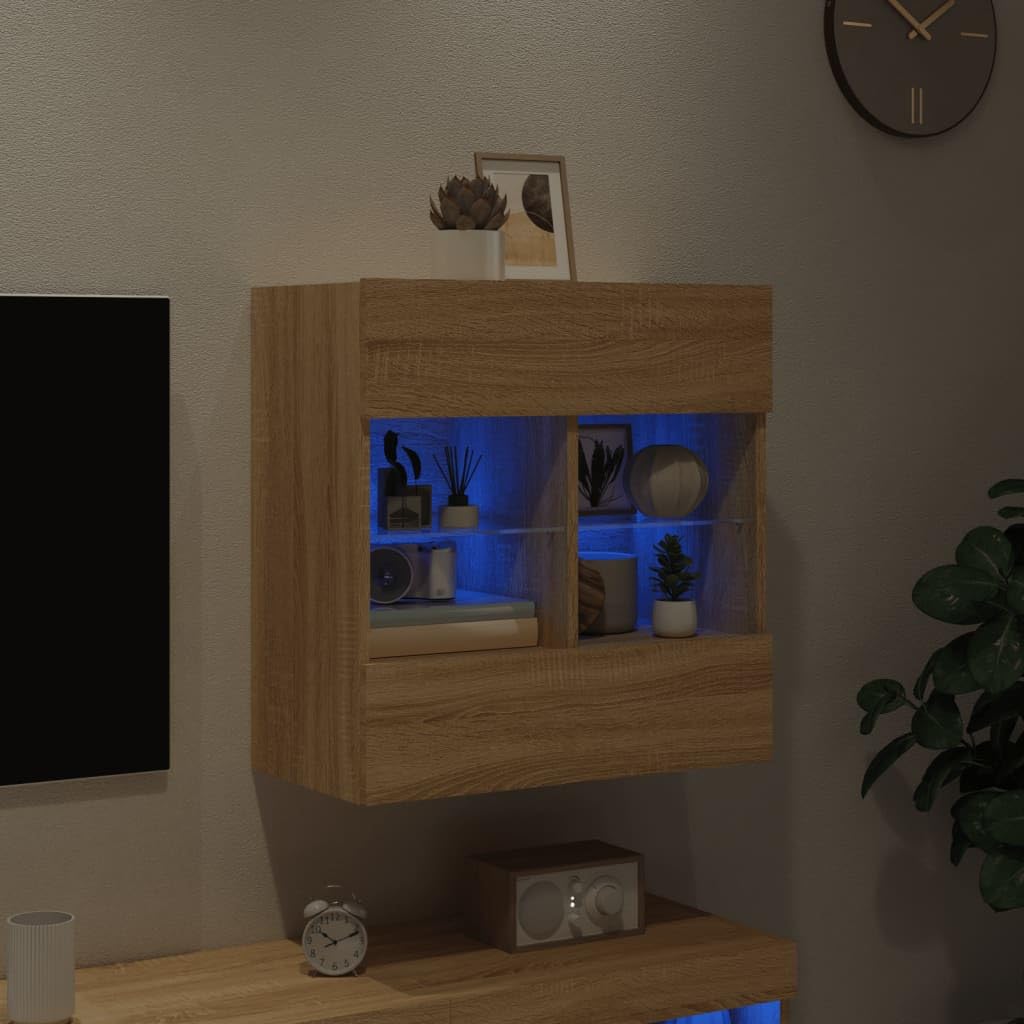 Mueble de pared para TV Sonoma Roble con luces LED RGB, madera, 58,5 x 30 x 60,5 cm, 2 estantes de cristal, montaje en pared, espacio de almacenamiento para sala de estar, dormitorio, cine
