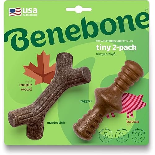 Image of Benebone 2-Pack Maplestick /Zaggler Durable Dog Chew Toys, Real Bacon, Real Maplewood, Made in USA, Tiny, Extra Small, Brown