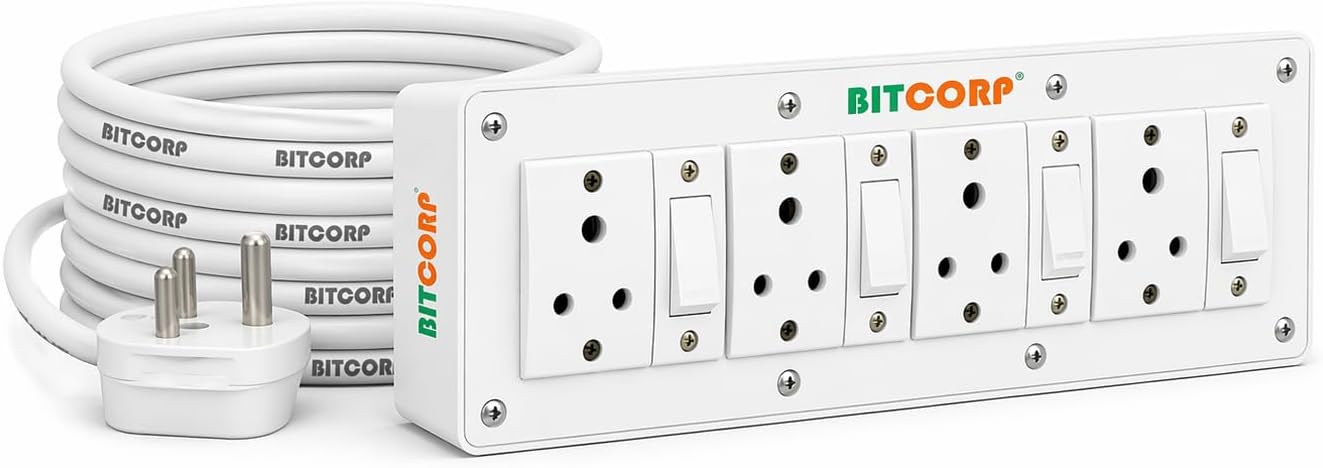 Power Strip 4 Socket 4 Switch, 6A 1500W Extension Board with Surge Protection 2 Meter Cord for Home, Office, Fridge, Cooler, Computer, Air Conditioner (White) 220 Volts