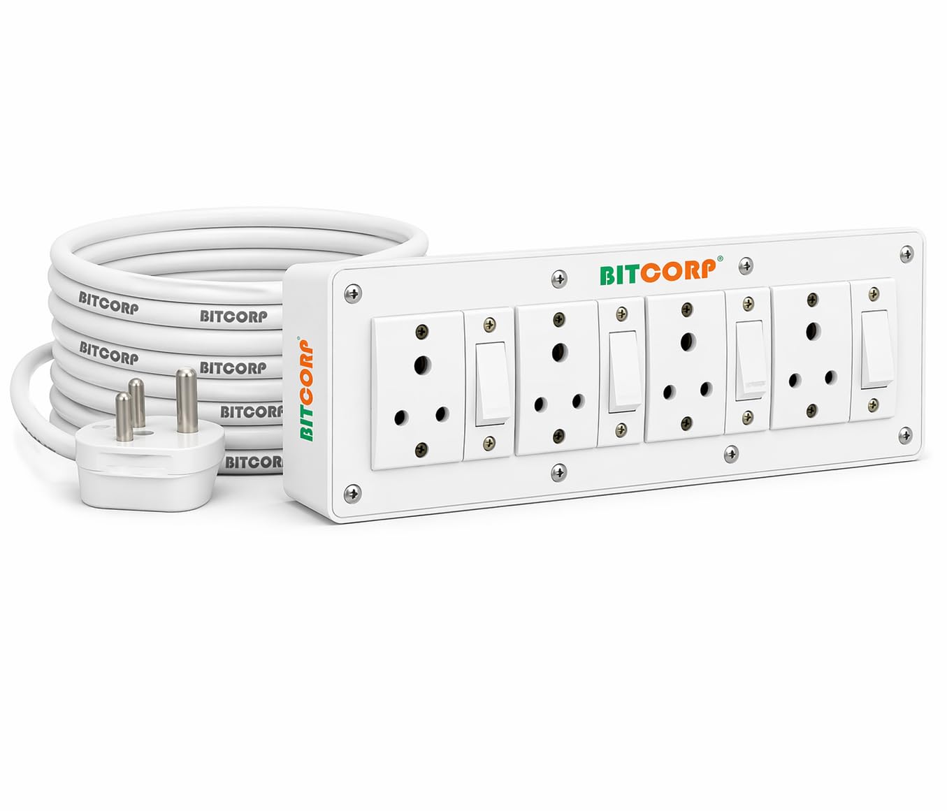 Bitcorp Power Extension Board 4 Socket 4 Switch, 6A 2000W Surge Protector 5 Meter Electric Cord for Appliances, Fridge, Home, Office, Computer, AC (White) 220 Volts-image-48