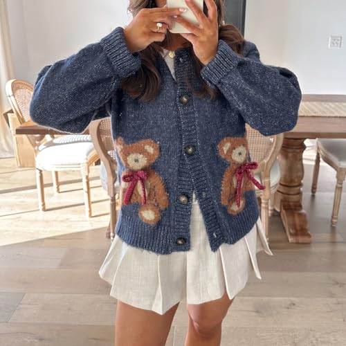 Y2K Button Down Cardigan Sweater for Women Long Sleeve Cute Bow Bear Open Front Cropped Knit Cardigan Coat Outwear3