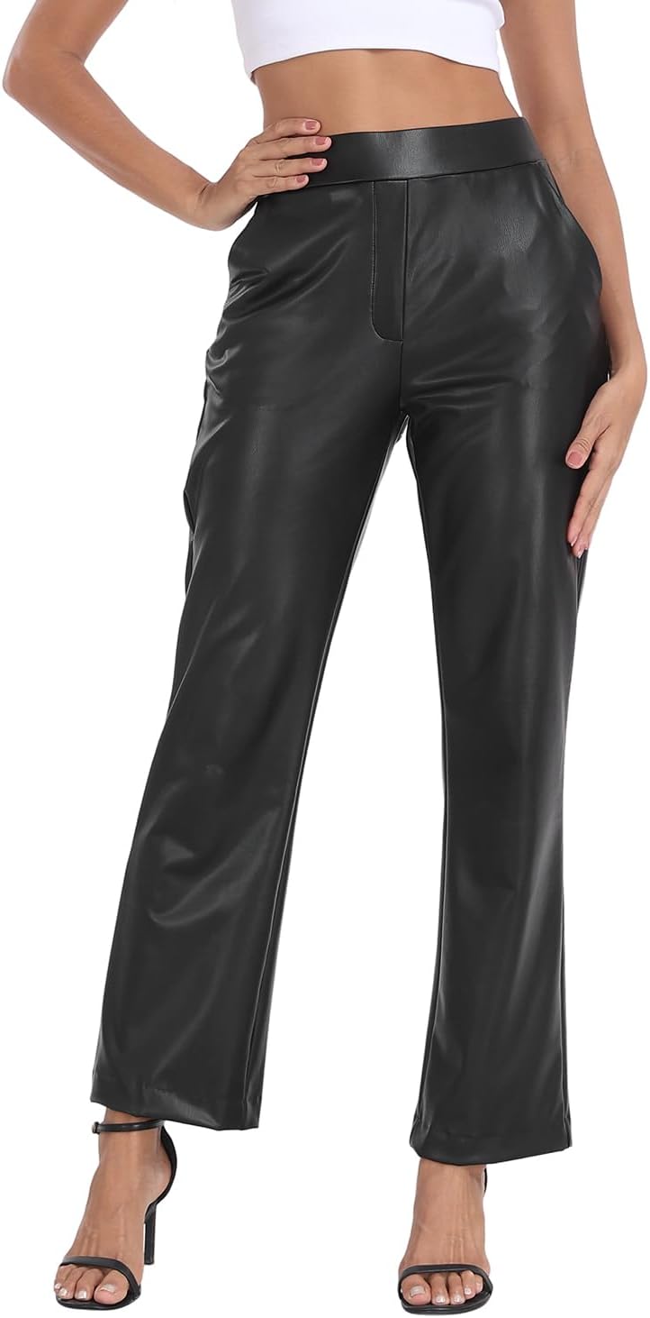 Women's Pull On Faux Leather Pants Black High Waisted PU Leather Kick Flare Pants with Pockets