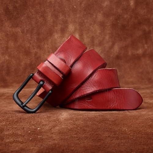 Classic Men's Genuine Leather Belt Heavy Duty Work Belt, Handmade Casual Every Day Belt for Jeans Pants,Red,125CM/49.2''3