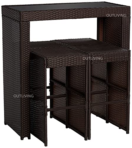 Image of OUTLIVING Rattan Wicker Outdoor Bar Patio Table with 4 Chairs Set for Home Graden Balcony 4 Seater High Bar Patio Furniture Table and Chairs -(Cream Cushion, Brown)