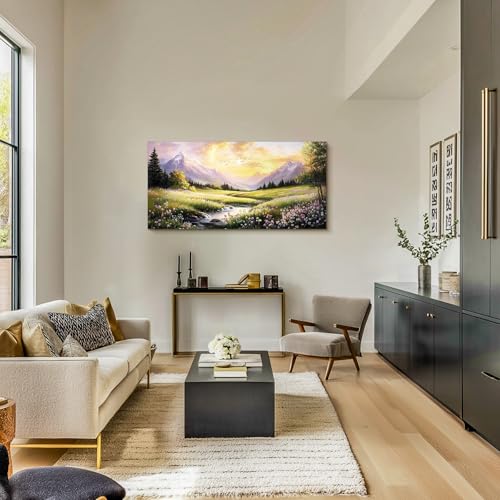 crmotu Large Landscape Wall Art, Nature Wall Art, Mountain Artwork for Walls, Sunset Aesthetic Canvas Prints, Spring Scenery Paintings for Living Room Bedroom Kitchen Farmhouse Cottagecore 24x48inch