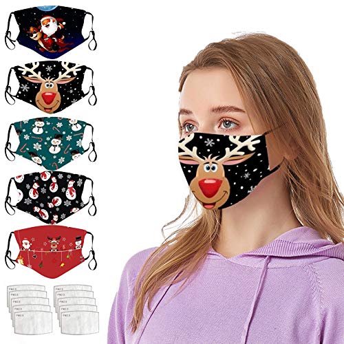 5 Stück Unisex Mundschutz, Waschbar Erwachsene Mundschutz mit Motiv Weihnachten Mund und Nasenschutz Wiederverwendbar Multifunktionstuch