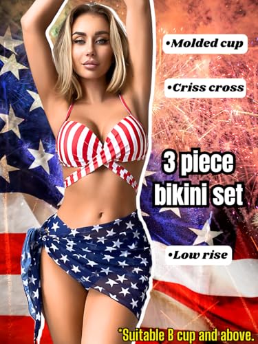 Women Sexy 3Pcs American Flag Bikini Set, 4th of July Patriotic Swimsuit, July Fourth Red White and Blue Bathing Suit2