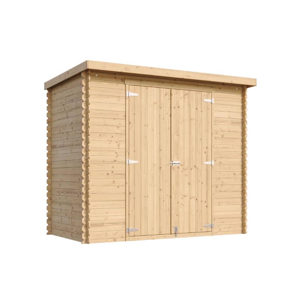 TIMBELA M310C1 Gartenhaus aus Holz 2,63 m², Kiefer/Fichte, Geräteschuppen mit 19 mm Wandstärke, Gerätehaus aus Holz für Gartenwerkzeug und Fahrräder, Doppeltür, Ohne Boden