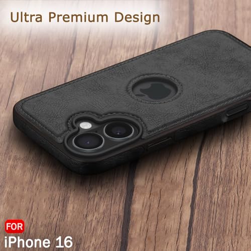 Image of TheGiftKart Genuine Leather Finish Back Cover Case for iPhone 16 | Shockproof Design | Raised Edges for Camera & Screen Protection | Stunning Minimalist Design Back Case Cover (Black Sides, Black)