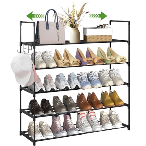 Scarpiera a 5 livelli, scarpiera stretta per 10-20 paia, organizer per scarpe estensibile 41-76 cm, Shoe Rack con ganci, scaffale per scarpe impilabile, per ingresso, bagno, soggiorno, armadio