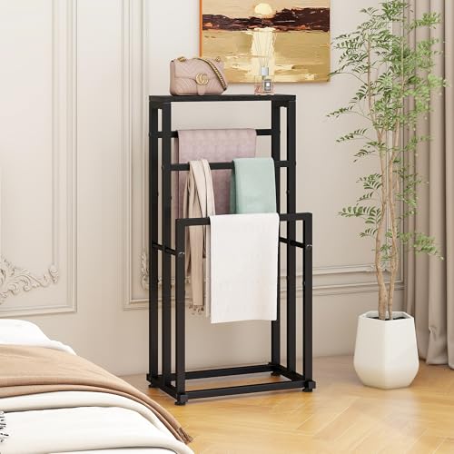 VERFARM Freistehender Handtuchhalter für Badezimmer, 3 Etagen, Metall, Deckenleiterhalter, Pool-Trocken- und Ausstellungsregal mit Ablage für Schlafzimmer, Wohnzimmer, Schwarz